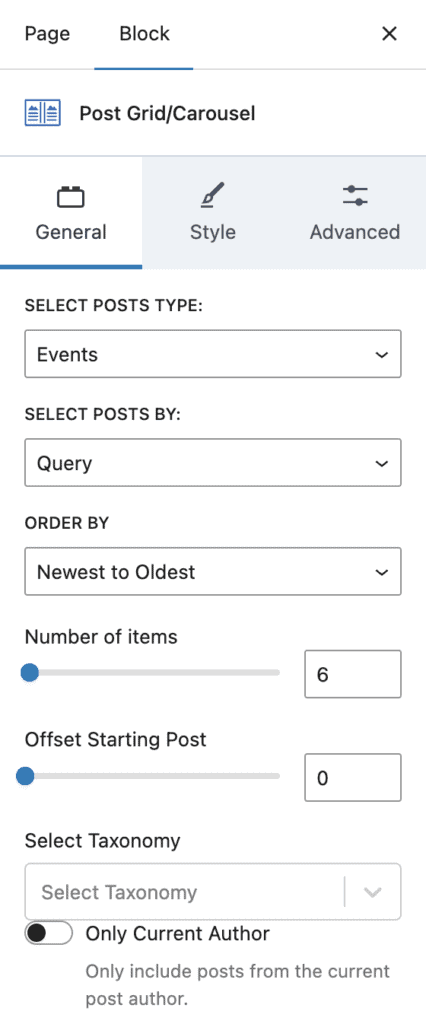 Post Grid/Carousel settings